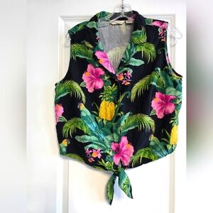 Tommy Bahama Black Floral Sleeveless Button Down Shirt Size 16